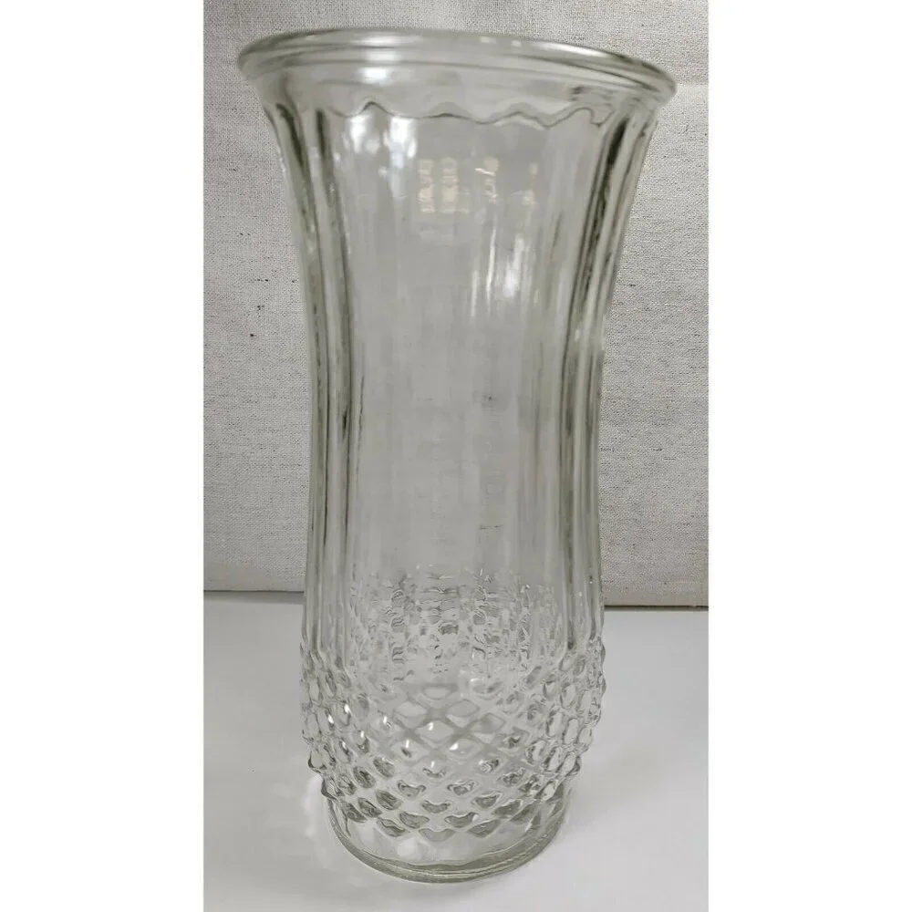 Vintage Clear Hoosier Glass Round Shaped Mid Century Diamond Decorative Vases